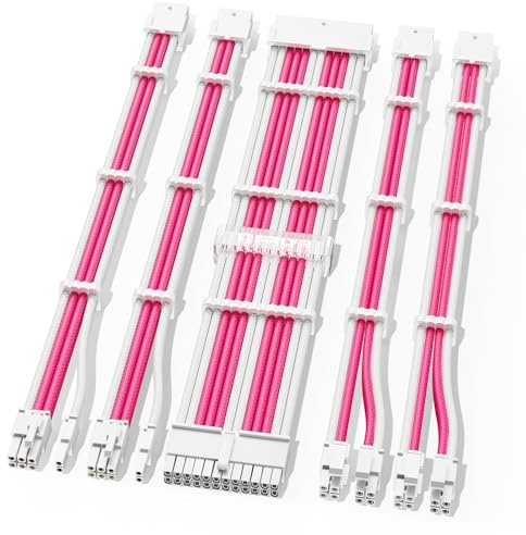 Sirlyr Kit de cable de extensión de PSU – Fuente de alimentación con funda personalizada para PC de niña Build 16AWG 1x24Pin ATX/2x8 (4+4) Pin EPS CPU/2x8 (6+2) Pin PCI-E GPU 5PCS Rosa y Blanco