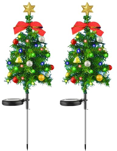 NIDONE Árbol Solar de Navidad 2pcs Luces de Navidad Solar de 17.7 Pulgadas con LED para Decoraciones navideñas al Aire Libre Luces de estaca de Navidad Impermeable con Arco Rojo y Pelota