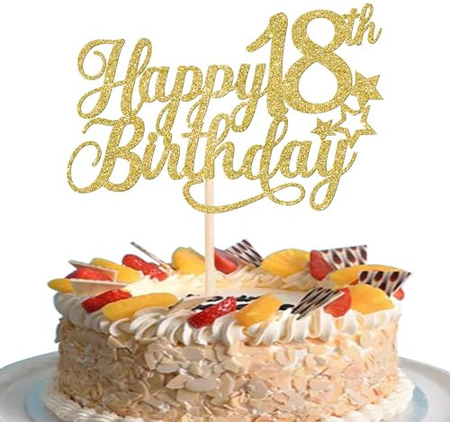 SYKYCTCY 1 Pack Happy 18th Birthday Cake Topper Glitter Little Star Cheers to 18 Cake Pick Sweet 18 Cake Decorations for 18th Birthday Anniversary Theme Party Supplies Gold