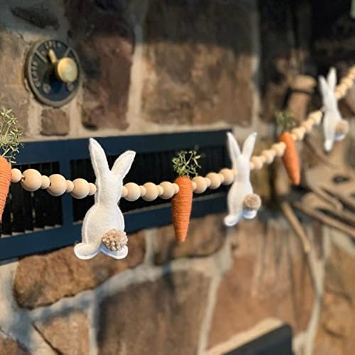 2024 Easter Rabbit Carrot Garlands,Artificial Rabbit Carrot Front Door Wreath Wooden Beads Rabbit Hanging Banners Spring Ornaments for Home (Multi-Color, One Size)