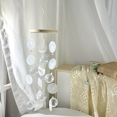 XNSHUN Windspiel Weiß, Boho Deko Muschel Traumfänger Girlanden, Windspiel Anhänger Fensterschmuck, Gartendeko Für Fenster, Wand, Zimmer, Terrasse Und Balkon (Rund)