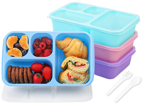 Bugucat Snack Boxes 1300ML, 4 Pack Bento Snack Boxes with 4 Compartments, Reusable Meal Prep Containers for Kids Adult, Lunch Snack Containers for School Work and Travel