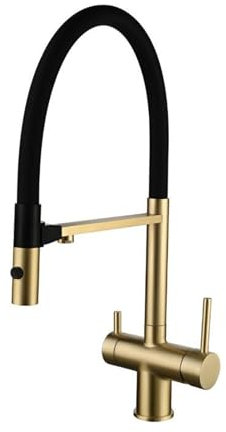 Küchenarmatur 3 Wege Wasserhahn Küche Drehbar 3 in 1 Messing 2 Griffe Spültischarmatur Küche 3 Wege-Gebürstetes Gold