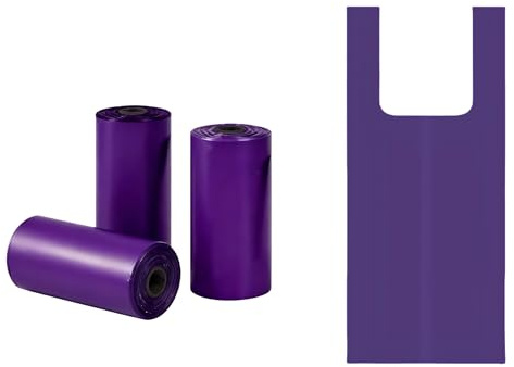 Biologiskt nedbrytbara hundavfallspåsar med lättknutna handtag, läckagesäkra och extra tjocka bajspåsar för katter, hundbajsavfallspåsar med koppel, 3-pack med 15, 45 stycken (lila, 3 rullar)