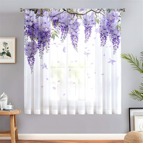 Odot Tende Semi Trasparenti con Tasca per Asta, Motivo Fiore di Glicine 3D Tenda Voile 1 Pezzo Filtranti Finestra Moderna per Interni Soggiorno Camera da Letto Cucina (Glicine,132x160cm)