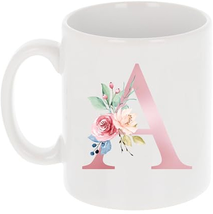 Monogrammed Floral Letter A Ceramic 11 Oz Personalised Mug Pink, Custom Initial Mugs for Women, Bridesmaids, Mums, Birthdays – Stylish Large coffee cup, Tea, Hot Chocolate, Office or Home Use