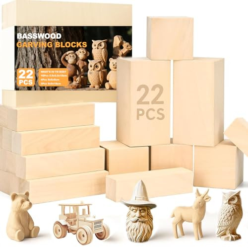 Quuylin 22PCS Madera para Tallar Tilo, Bloques de Tallado de Madera de Tilo | 3 Tamaños Tacos Madera para Tallado a Mano DIY y Torneado, Listones de Madera para Niños y Adultos