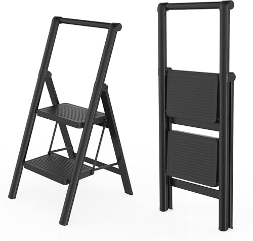 HENGMEI Trittleiter 2 Stufen Klappleiter Leiter Tritthocker rutschfeste Stehleiter Treppenleiter Haushaltsleiter mit Anti Rutsch Pedal Multifunktionale Stufenleiter 150kg Belastbar(mit Handlauf)