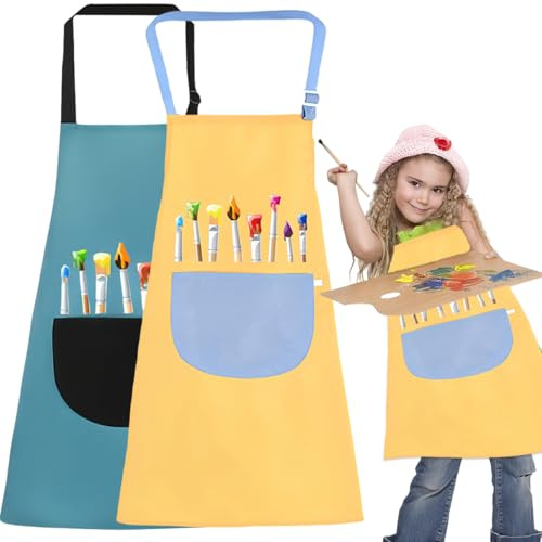 QIMMU 2 Stück Malkittel Schule 1. Klasse,Schürze Kinder Schule,Wasserdicht Malschürze,Malerkittel Kind 7-12 Jahre Mädchen Junge,Kinderschürze Mit Taschen,Schmutzabweisend,Öl - Und Farbresistent