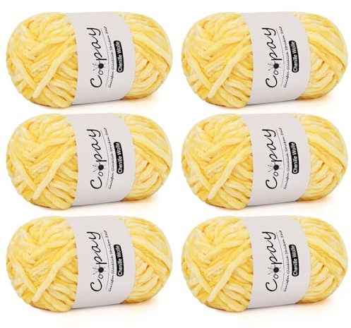 Coopay Chenille Wolle zum Häkeln, 6x100g Weiche Samtig Chenillegarn, Flauschige Dicke Wolle zum Stricken, Warme Plüschwolle Häkelgarn für Decken, Schals, Mützen - Gelb