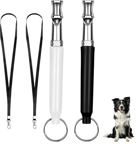 2 Pezzi Fischietto per Cani, Silenzioso Fischietto Ultrasuoni per Cani in Acciaio Inossidabile con Cordino Professionale a frequenza Regolabile per l'addestramento al richiamo (Nero + Bianco)