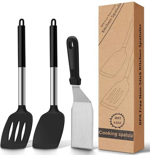 Pfannenwender aus Silikon, Silikon Pfannenwender 3 Set mit Edelstahlgriff, BPA-frei, Hitzebeständig, Antihaft-Schöpfkelle Küchenhelfer für Backen Grillen Kochen