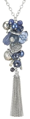 FULU AUTUMN Collier Argent Long pour Femme Sautoir avec Pendentif Perles et Franges Bijoux Fantaisie Cadeau pour Maman(Blue)