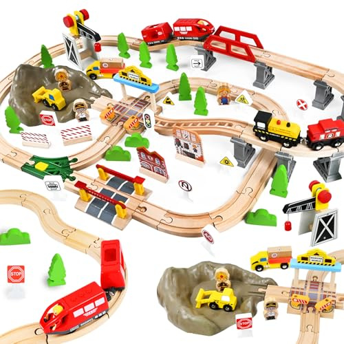 PATEMZON Circuit Train en Bois, 100 Pièces Jeu Voiture Enfant Train, Chemin de Fer d'ingénierie avec Grue Magnétique, Voies, Feux de Circulation, Trains à Piles, Trains Jouet pour Enfants 3+ Ans