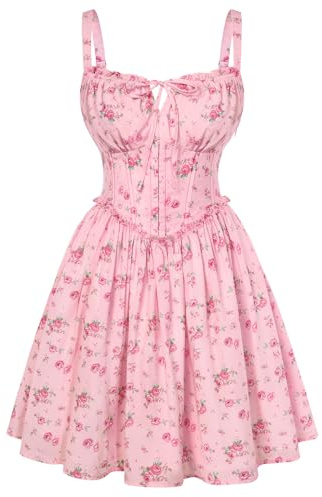 Scarlet Darkness Floral Corset Dress for Women 2026 Summer Sundress Lace Up Mini Milkmaid Dresses with Pockets Pink Flowers