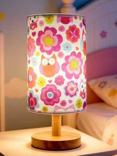 Kids Table Lamp-Night Light for Girls Room,3-Color LED Desk Lamp,Cute Cartoon Bedside Lamp with Owl Flower Pattern Lampshade and Wood Base for Bedroom Living Child Room Study for Kawaii Gift for Girls