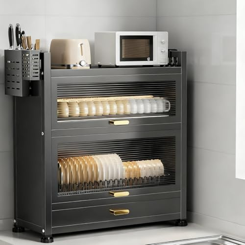 Stor kapacitet, dammtätt Kina-skåp med lådor, multifunktionellt Kina-skåp med gångjärnsdörr - avtagbar vattenbricka, platsbesparande (svart, 57 cm/22,4 tum)