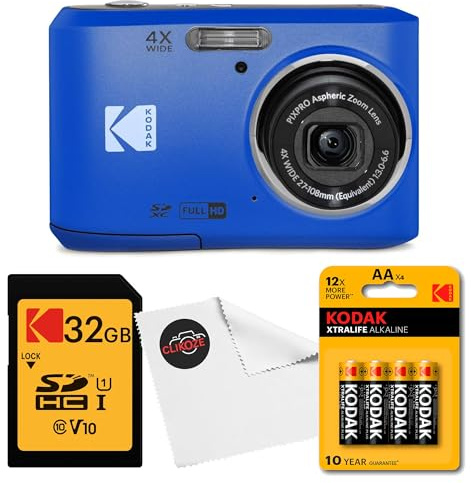 Cámara digital Kodak PIXPRO FZ45 (azul) Paquete con tarjeta de memoria SDHC de 32GB Clase 10, baterías Kodak AA Xtralife (paquete de 4) y paño para lentes Clikoze