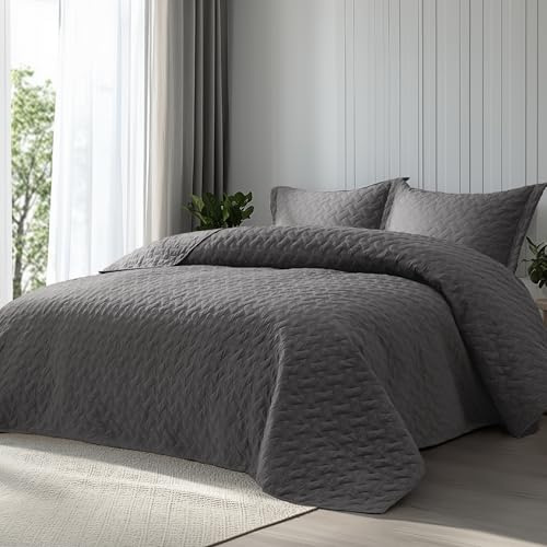 Bedsure Quilts King Size - Grey Bedspreads King Size with Basket Weave Pattern, Soft Quilt Bedding Set, Lightweight Comforter Set Coverlet for All Seasons with 2 Pillow Shams (106 x 96)
