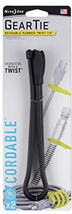 Nite Ize Gear Tie Cordable, The Original Reusable Rubber Twist Tie with Stretch-Loop for Cord Management + Storage, 18-Inch, Black, 2 Pack, Made in The USA (GTK18-01-2R6)