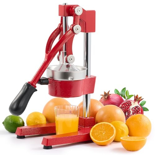 CO-Z Cast-Iron Manual Citrus Juicer Press, Heavy Duty Commercial Orange, Lemon, Lime & Pomegranate Squeezer, 6 kg Countertop Hand Juice Extractor with 304 SS Strainer for Home, Café & Bar, Red