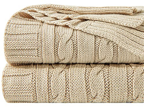 NTBAY 100% Pure Cotton Cable Knit Throw Blanket, Super Soft Warm 130x170 Knitted Throw Blanket for Couch, Sofa, Chair, Bed - Extra Cozy, Machine Washable, Comfortable Home Decor, Khaki, 130x170 cm