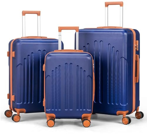 LEADZM Juego de Maletas de 3 Piezas (Maletas de Viaje Grandes 23 Kilos, Maleta Cabina, Mediana), Maleta de Viaje (Azul Marino-Marrón)