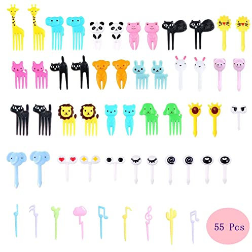 55 STK Obstgabeln Kinder Bento Box Zubehör Spieße Tiere Food Picks Plastik Gabeln Mini Dessertgabeln für Kuchen Desserts Obst (Zufällig) (55STK)