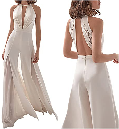 Tuta da Donna Sottile a Maniche a Halterneck Slim Open Back Sexy Scollo A V Bianche Jumpsuit Pantaloni Vestito Abito Elegante Cerimonia