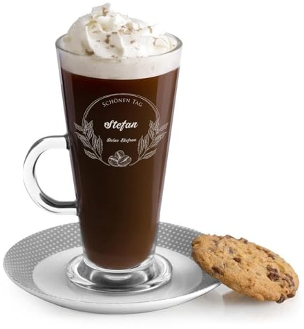 Maverton Kaffee Glas mit Gravur 360 ml - Latte Macchiato Tasse mit Griff - Cappuccino Glas - Kaffee Zubehör - Kaffeetasse für Männer zum Geburtstag - personalisiert - Dekor