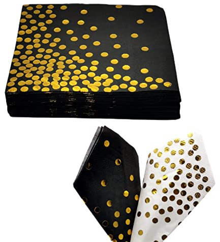 CEILIWEN - Lot de 50 serviettes de table à pois noirs et dorés - 33 x 33 cm - Serviettes de cocktail et de dîner - Noir et doré