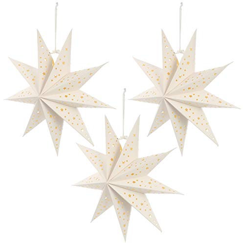 Mobestech 3 Stücke Papierstern Lampenschirm LED Weihnachtsstern Faltsterne 3D Leuchtstern Aushöhlen Stern Weihnachtsbeleuchtung Adventsstern Christbaumspitze für Weihnachtsbaum Fenster Deko 35cm