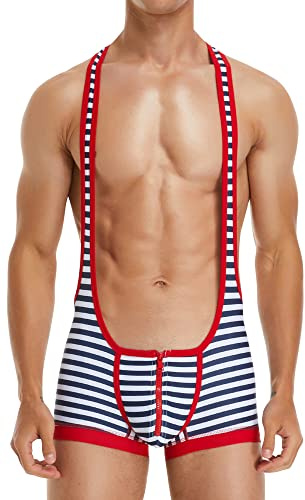 AIEOE Herr brottning Singlet jockstrap Leotard Jock brotttröja styrketräning bodysuit ett stycke ärmlös brottardräkt sport jumpsuit atletisk supporters, E01# randig röd, XXL