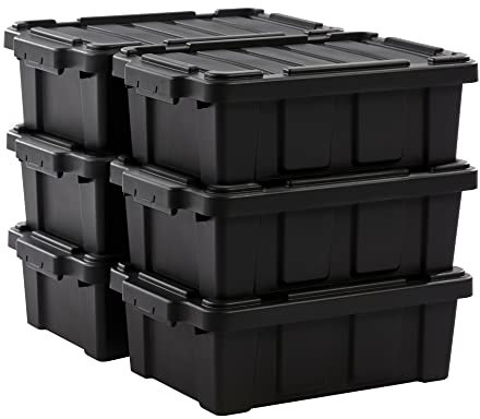 Iris Ohyama, Caisse Rangement avec Couvercle Robuste, 12,5L, Lot de 6, Noir, Compact, Durable, Empilable, pour Garage, Etagères, Déménagement, Plastique, Boite a Outils, Bac de Rangement, DDSKT-130