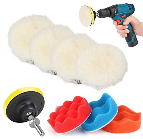 Linkstyle 9 teiliges Polierpad Kit, 3 Zoll Woll und Schwammpolierpads, Haken und Schlaufen Polierpad mit M10 Bohradapter, für Bohrpolierer Aufsatz