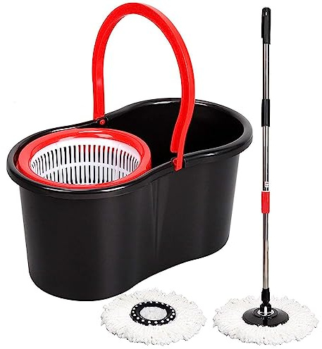 Tacino 360° FLOOR MAGIC SPIN MOP BUCKET SET ROTATING DRY WITH 2 HEADS MICROFIBER (Black)