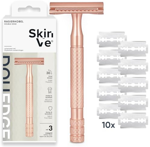 SkinVe® Premium Rasierhobel in Rosegold für Damen inkl. 10 Rasierklingen I Zero Waste Nassrasierer I Sicherheitsrasierer aus Metall mit Doppelklinge I Plastikfrei
