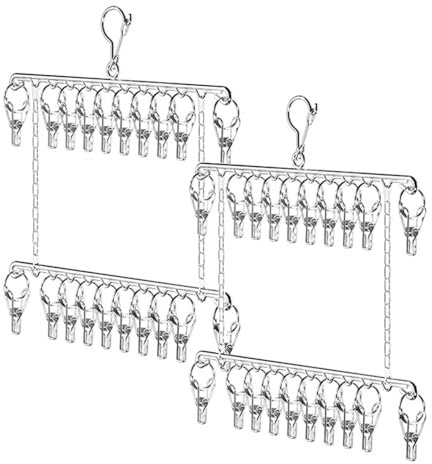 ONEBO 2 Pcs Bilayer Metal Sock Hanger,Stainless Steel Drying Rack Laundry,with 10 Pegs Drying Towels,for Drying Shoes,Socks,Bras,Towel, Underwear,Hat,Gloves