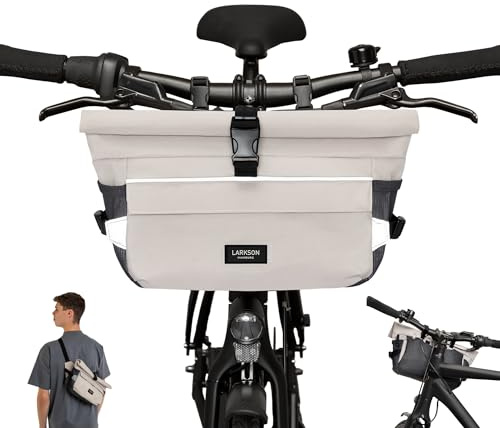 LARKSON Borsa Manubrio Bici Beige - Lasse - 2 in 1 Borsa Bicicletta e Tracolla - Borsa Bikepacking per Manubrio Anteriore con Riflesso - Idrorepellente