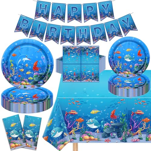 Confezione da 123 Decorazioni per Feste a Tema Oceano Con Animali Oceanici, Forniture di Buon Compleanno, Include Piatti, Tovaglioli, Striscioni, Tovaglia