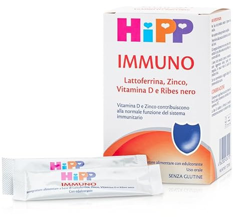 HiPP- HiPP Immuno Bustine, Integratore Alimentare, Difese Immunitarie Bambini, Benessere di Naso e Gola, Lattoferrina, Zinco, Vitamina D, Ribes Nero, Bambini, Sistema immunitario, Senza Glutine