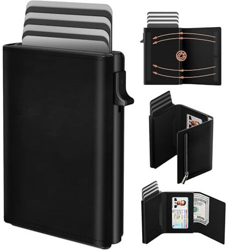 dwnkove Kartenetui Herren, Slim Wallet mit Magnetverschluss und Münzfach, Pop-Up Wallet aus Kohlefaser und Kreditkartenetui für 11 Karten, Wallets for Men, Mit ID-Fenster und Bargeldfach (Schwarz)