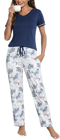 Litherday Schlafanzug Damen Baumwolle Pyjamas Set Kurzarm Nachtwäsche Set Zweiteiliger mit Lang Pyjamahose und Shirt Casual Elastischer Bund Sleepwear