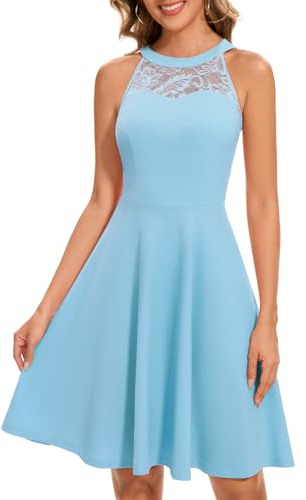 Fynadressr Women Vintage Halter Neck Dress Lace A-Line Sleeveless Cocktail Party Wedding Guest Dress