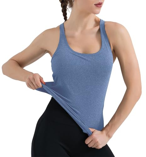 SHEKINI Damsporttopp med integrerad bh utan bygel, ärmlös, ribbad undertröja, bh-skjorta, basic, andas, fitnesströja, sommar, gym, toppar, träning, linne, yogatröja, blå, L