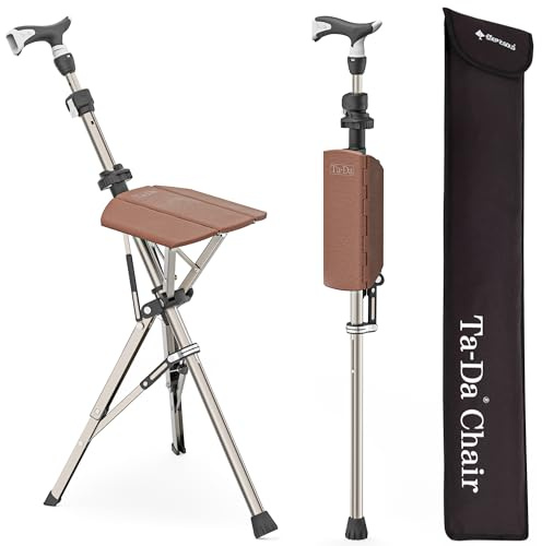 Ta-Da Chair Series 1 Pro, Portable Trekking Hiking Pole, Folding Walking Stick with Seat, Walking Cane with Chair, Foldable Chair, Lightweight Aluminum, Easy Carry and Storage, Anti-Slip (Brown)