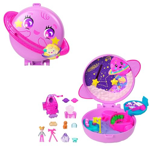 Polly Pocket Planet Polly Weltraum Schatulle | Tragbares Reisespielzeug, 1 Mikro-Puppe, Hund und Themen-Zubehör, JCB18