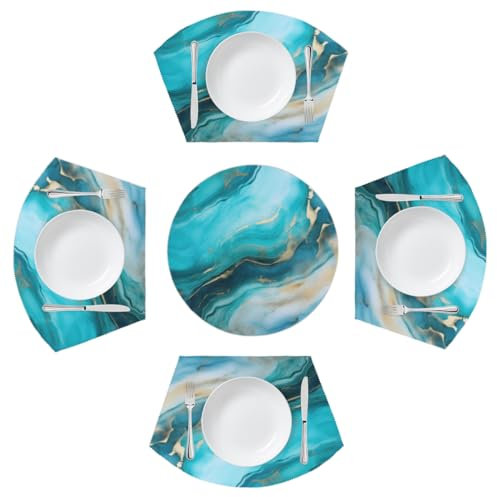 Mexpekil Teal Turquoise Liquid Marble Placemats Set of 4 for Round Table Wedge Place Mats with Centerpiece Heat Resistant Washable Plate Mats for Kitchen (5 Pcs)
