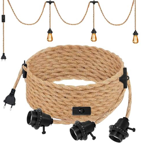 Douille E27 avec Câble 6.8m en Corde de Chanvre Tressée Vintage et Interrupteur, Suspension Douille E27 Corde pour DIY Lampe Suspension Cuisine Cave Loft Entrepôt, 3 Lampe Sans Ampoule