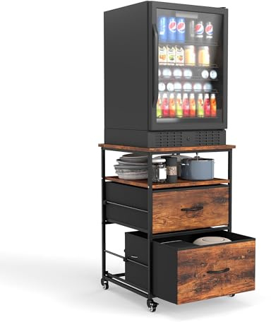 Suuiwau Mini Fridge Stand with Storage, Mobile Storage Refrigerator Cart | Compact Beverage Fridge Cabinet Table with Wheels for Kitchen Bedroom Office Dorm, Vintage Brown